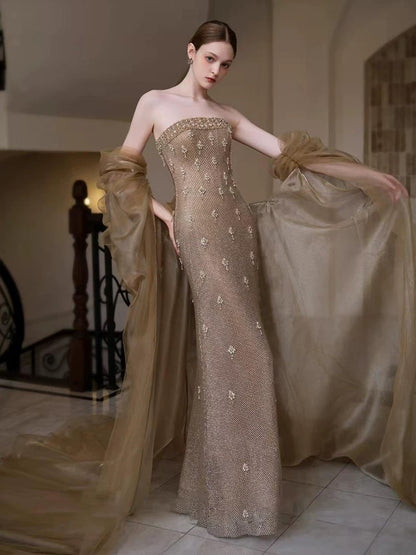 Modest Mermaid Strapless Gold Sequined Sleeveless With Beaded Long Evening Dresses Ideas Evening Outfits RB5257