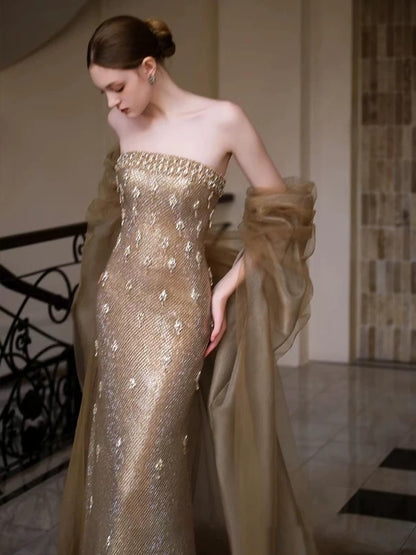 Modest Mermaid Strapless Gold Sequined Sleeveless With Beaded Long Evening Dresses Ideas Evening Outfits RB5257