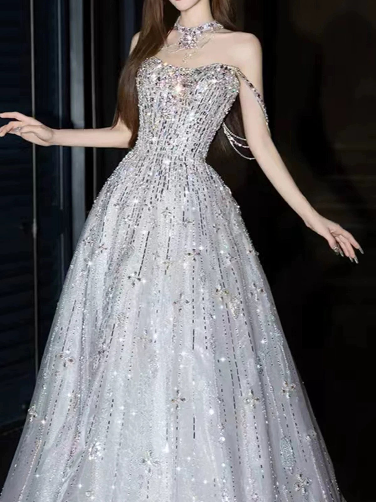 Sparkly A Line Sweetheart Silver Gray With Beading Date Night Outfits Semi Formal Prom Gown Evening Dresses RB5307