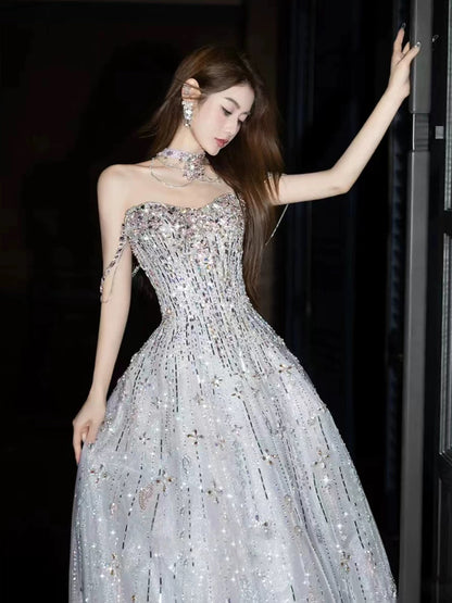 Sparkly A Line Sweetheart Silver Gray With Beading Date Night Outfits Semi Formal Prom Gown Evening Dresses RB5307