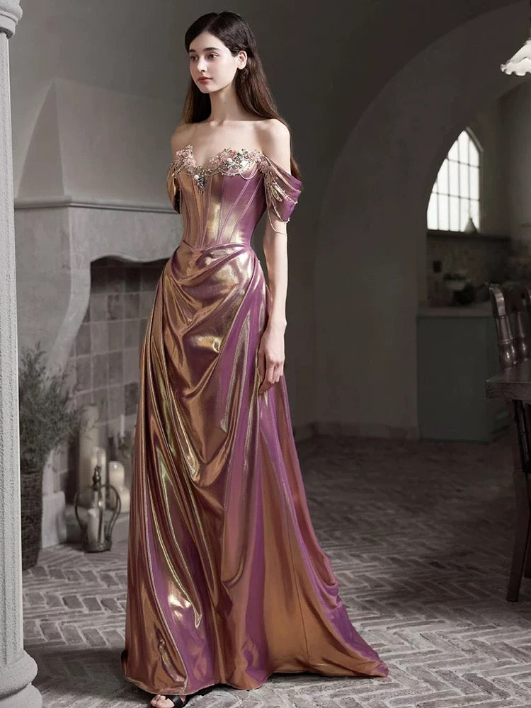 Modest Mermaid Off The Shoulder Pink Satin With Beaded Long Date Night Evening Outfit Formal Prom Dresses RB5308