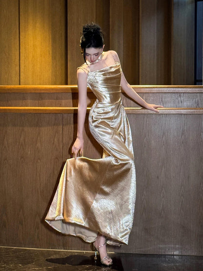 Sexy Mermaid Spaghetti Strap Gold Satin Long Date Night Evening Outfit Formal Prom Dresses RB5311