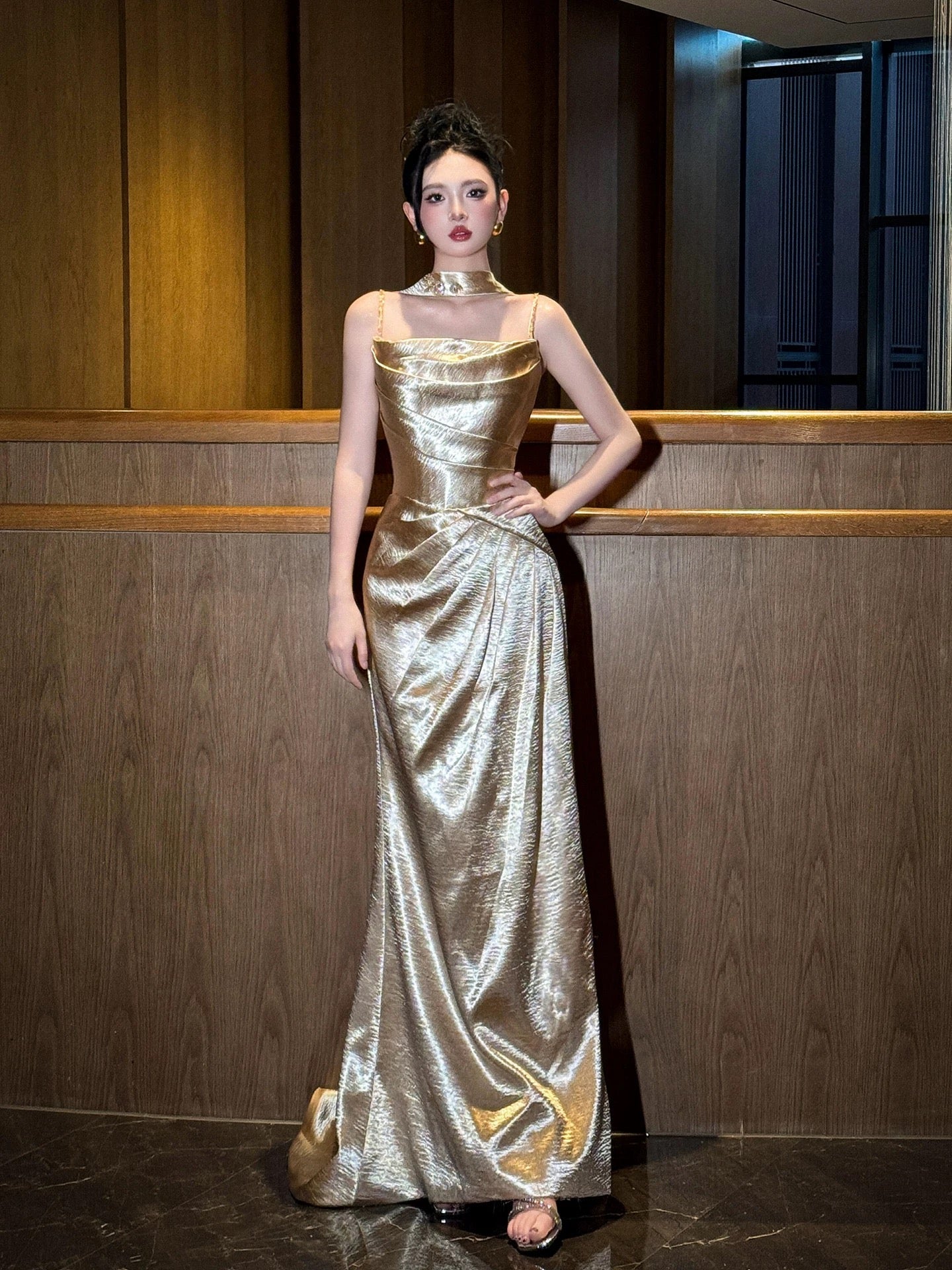 Sexy Mermaid Spaghetti Strap Gold Satin Long Date Night Evening Outfit Formal Prom Dresses RB5311