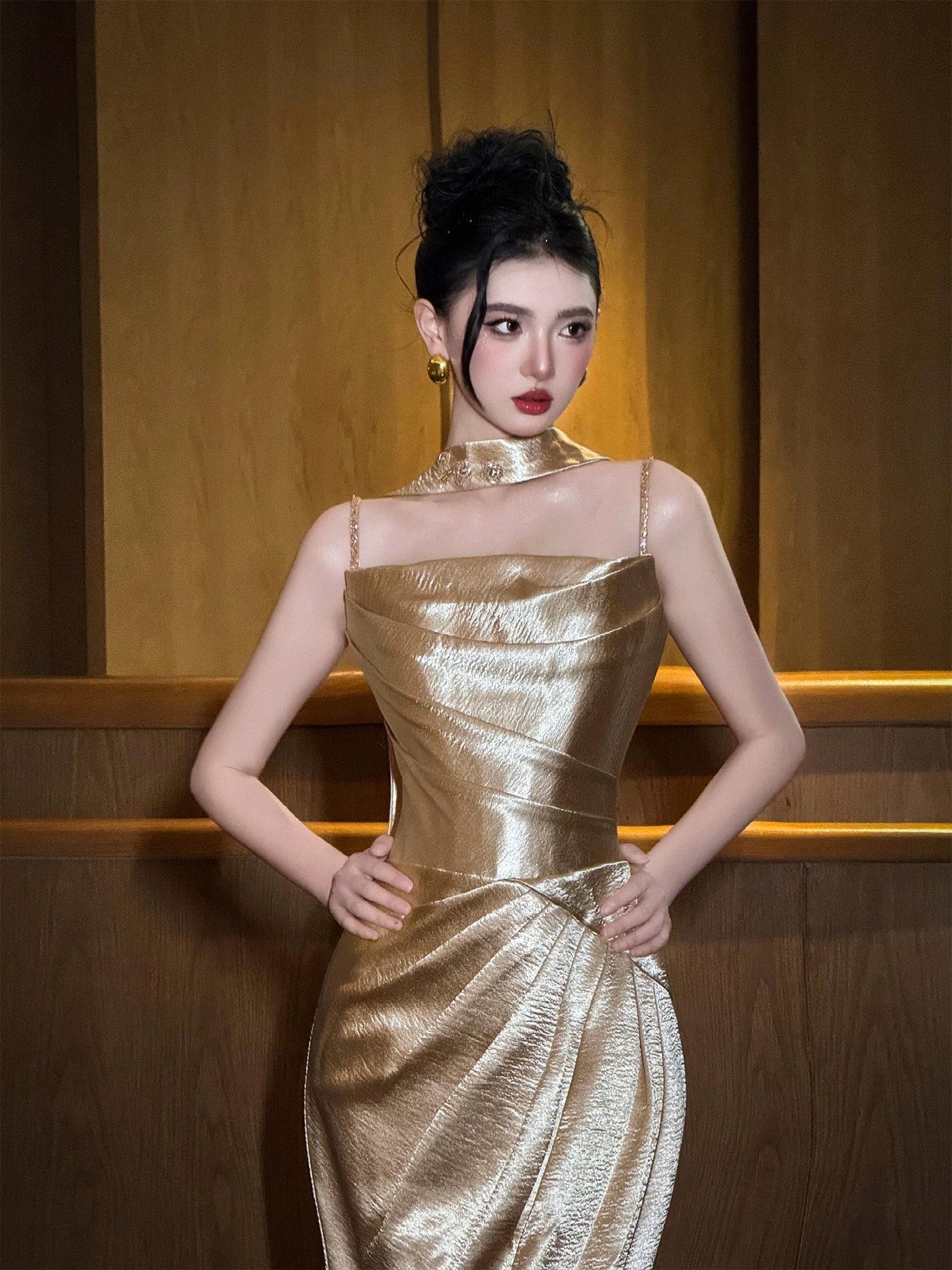 Sexy Mermaid Spaghetti Strap Gold Satin Long Date Night Evening Outfit Formal Prom Dresses RB5311