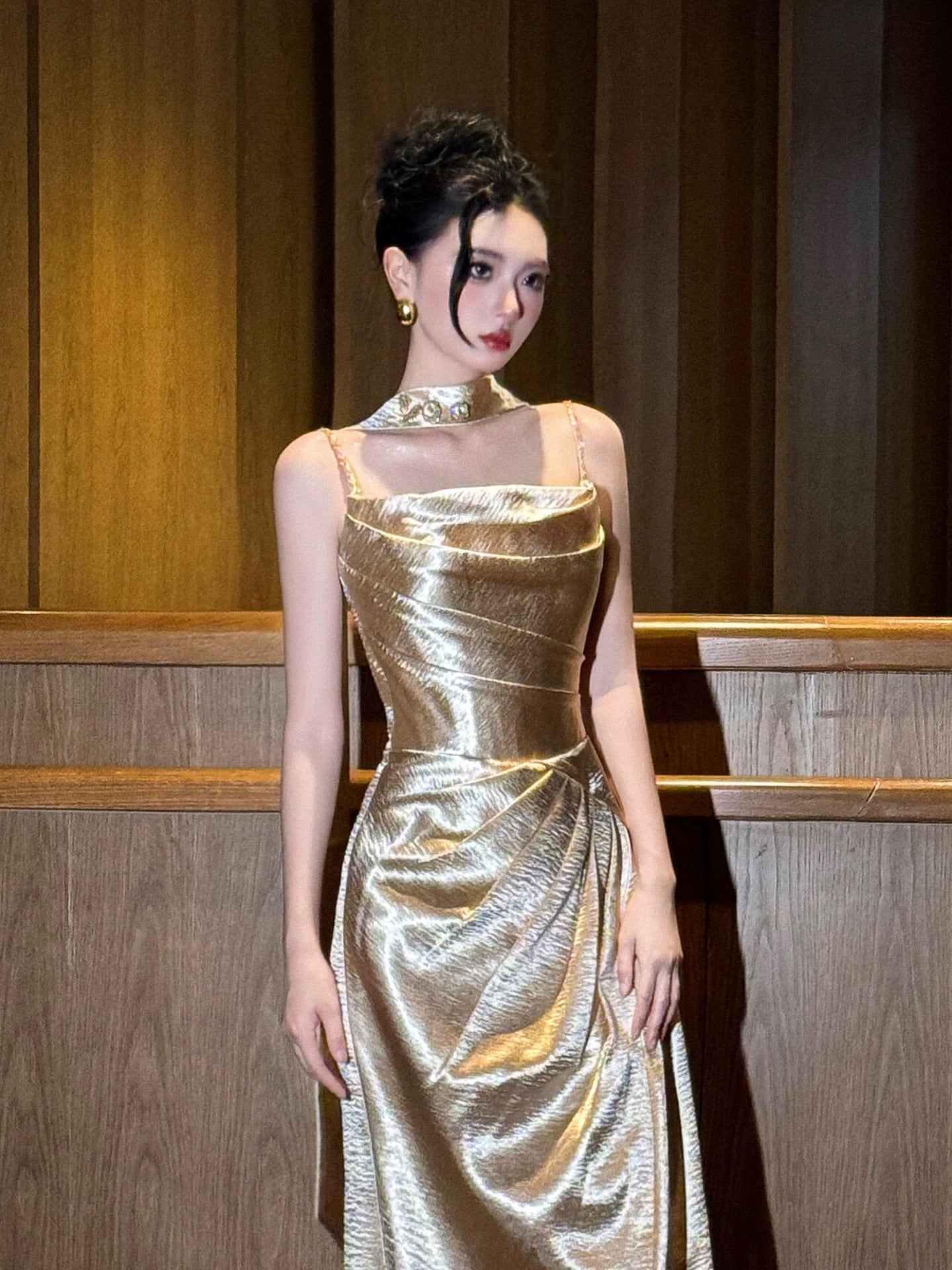 Sexy Mermaid Spaghetti Strap Gold Satin Long Date Night Evening Outfit Formal Prom Dresses RB5311