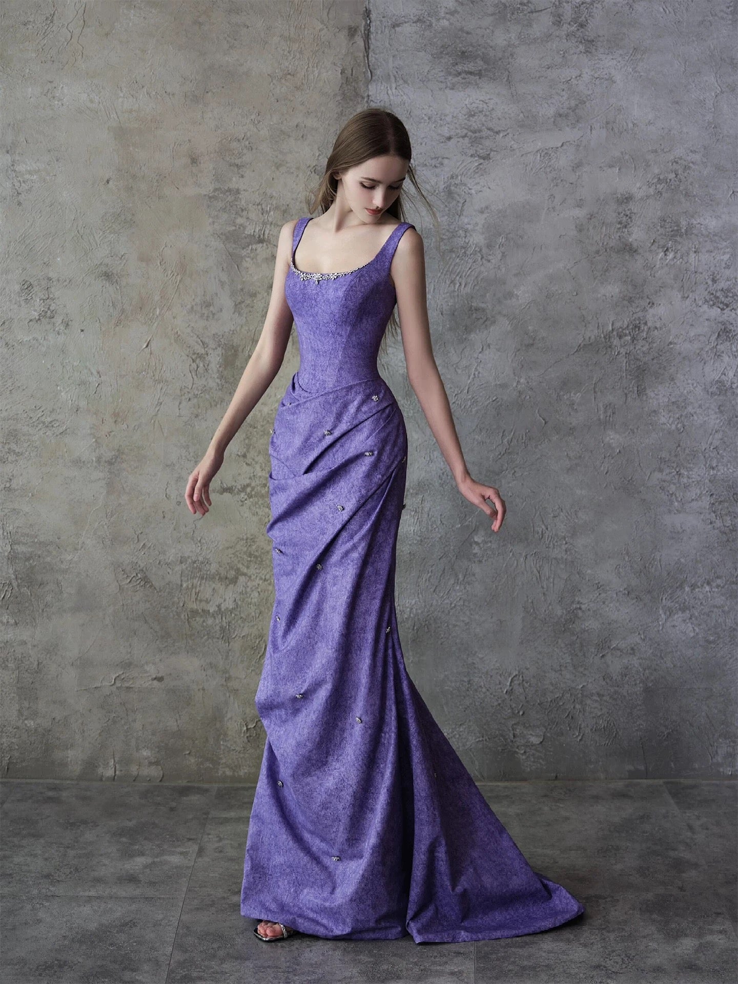Sparkly Mermaid Square Neck Grape Satin Long Date Night Evening Outfit Formal Prom Dresses RB5306