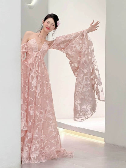 Modest A Line Off The Shoulder Pink Lace With Long Sleeves Date Night Evening Outfit Formal Prom Dresses RB5313