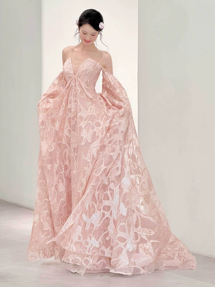 Modest A Line Off The Shoulder Pink Lace With Long Sleeves Date Night Evening Outfit Formal Prom Dresses RB5313