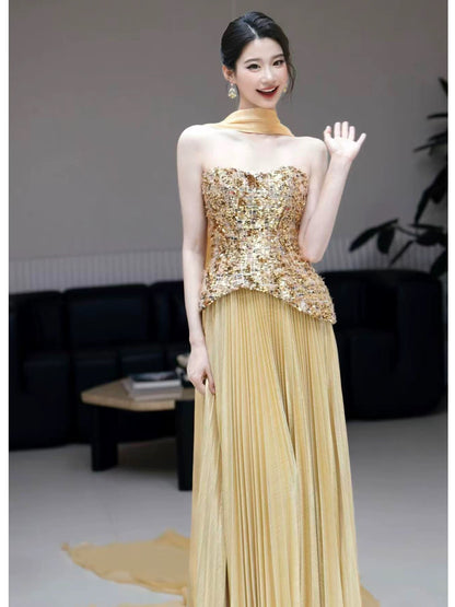 Modest A Line Sweetheart Gold Sequined With Scarf Date Night Evening Outfit Formal Prom Dresses RB5316