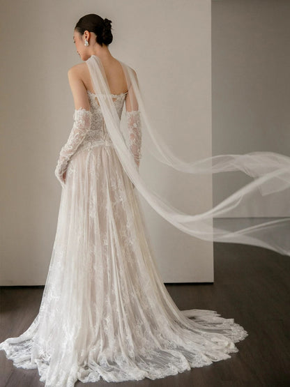 Modest A Line Sweetehart With Scarf Gloves White Lace Brides Gown Bridal Dress Long Wedding Dresses RB5317