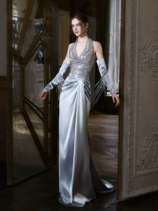 Sparkly Mermaid Halter Silver Gray Sequin With Gloves Date Night Outfits Semi Formal Prom Gown Evening Dresses RB5361