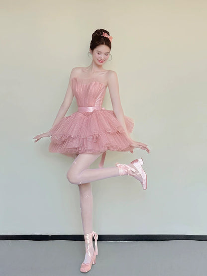 Pretty Ball Gown Strapless Pink Tulle Mini Short Cocktail Homecoming Dresses Ideas Hoco Outfits RB5258