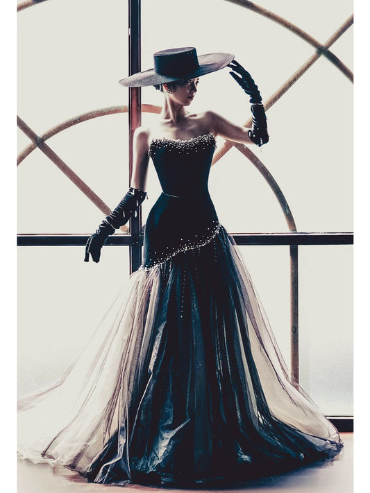 Modest Mermaid Strapless Black Tie Dress Velvet With Gloves Date Night Evening Outfit Formal Prom Dresses RB5321