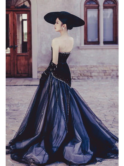 Modest Mermaid Strapless Black Tie Dress Velvet With Gloves Date Night Evening Outfit Formal Prom Dresses RB5321
