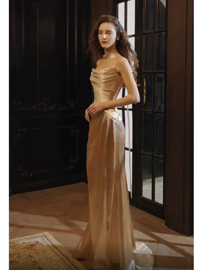 Sexy Mermaid Spaghetti Strap Gold Satin Long Date Night Evening Outfit Formal Prom Dresses RB5324