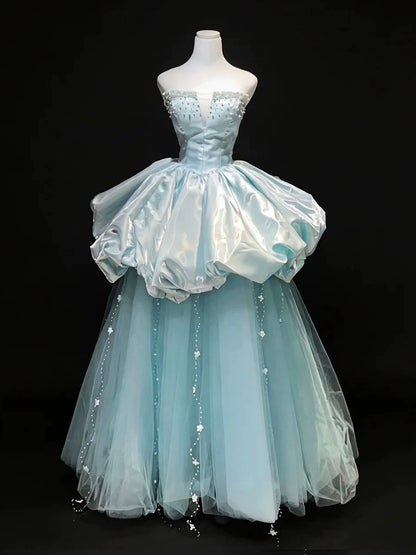 Beautiful Ball Gown Strapless Blue Satin Date Night Outfits Semi Formal Prom Gown Evening Dresses RB5325