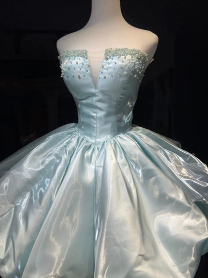 Beautiful Ball Gown Strapless Blue Satin Date Night Outfits Semi Formal Prom Gown Evening Dresses RB5325