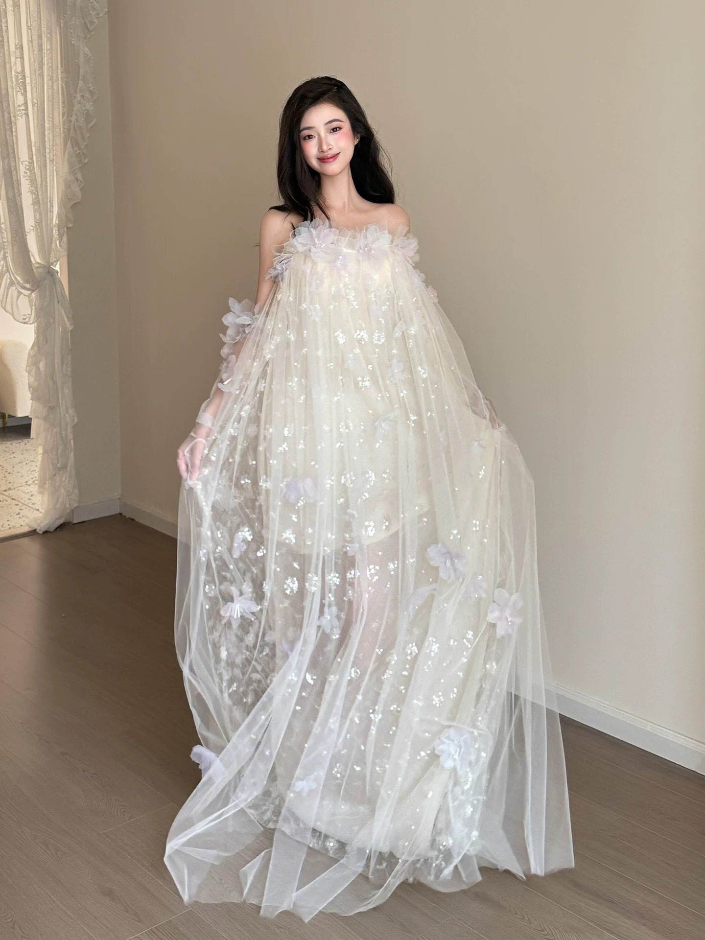 Sweet A Line Strapless White Tulle Date Night Outfits Semi Formal Prom Gown Evening Dresses RB5566