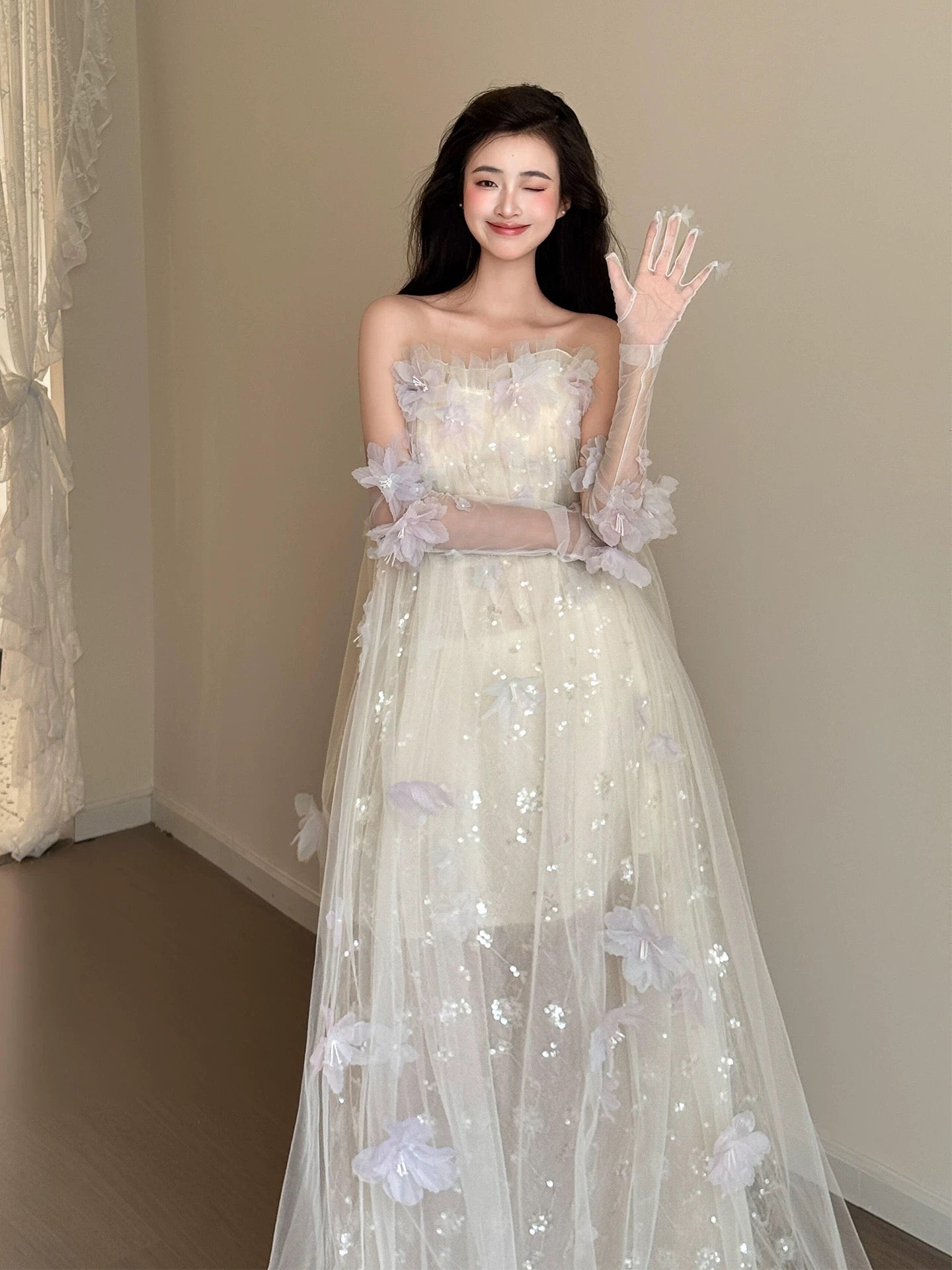 Sweet A Line Strapless White Tulle Date Night Outfits Semi Formal Prom Gown Evening Dresses RB5566