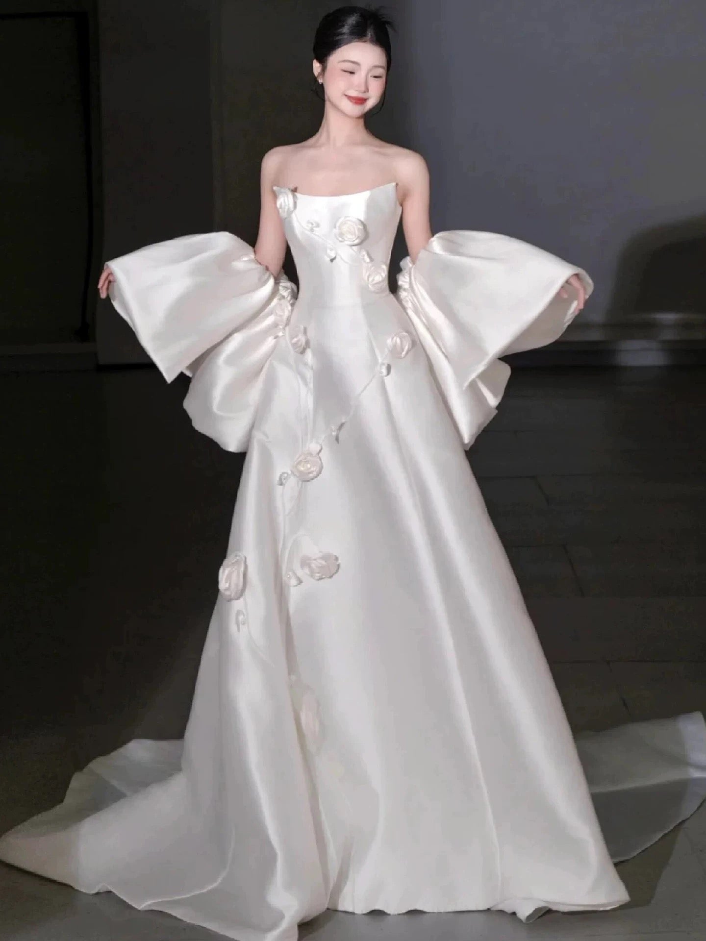 Timeless A Line Strapless Satin White With Cape Floor Length Brides Gown Bridal Dress Wedding Dresses RB5567