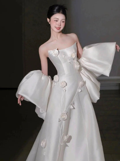 Modest A Line Strapless With Cape White Satin Brides Gown Bridal Dress Long Wedding Dresses RB5329
