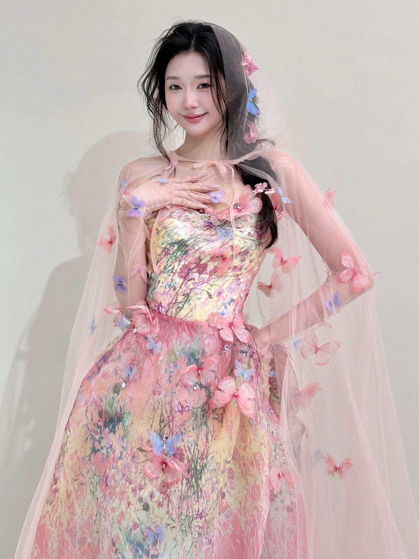 Cute Ball Gown Strapless Pink With Butterfly Date Night Outfits Semi Formal Prom Gown Evening Dresses RB5569