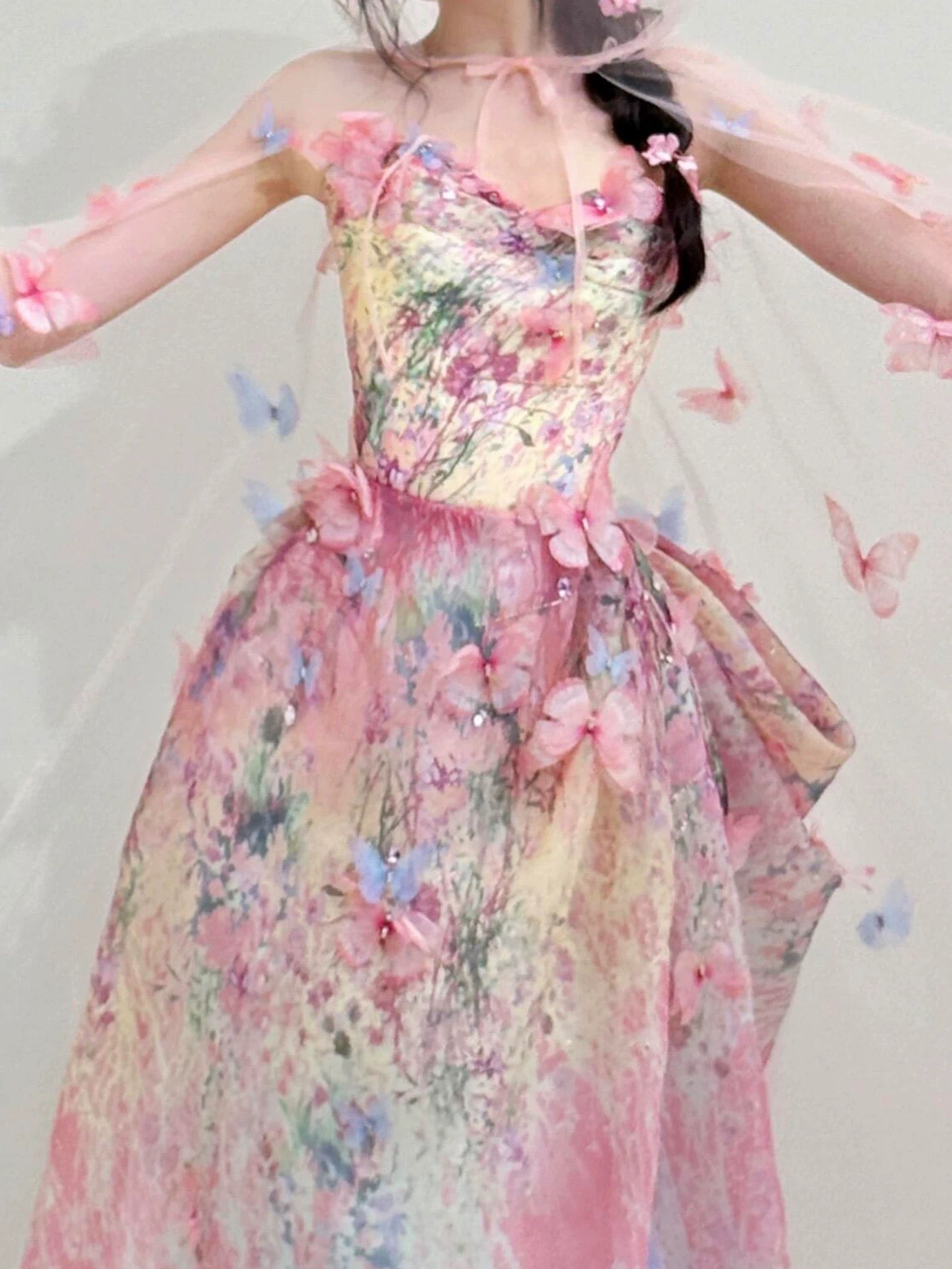 Cute Ball Gown Strapless Pink With Butterfly Date Night Outfits Semi Formal Prom Gown Evening Dresses RB5569