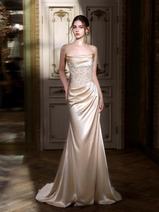 Classy Mermaid Strapless Champagne With Beading Date Night Outfits Semi Formal Prom Gown Evening Dresses RB5570