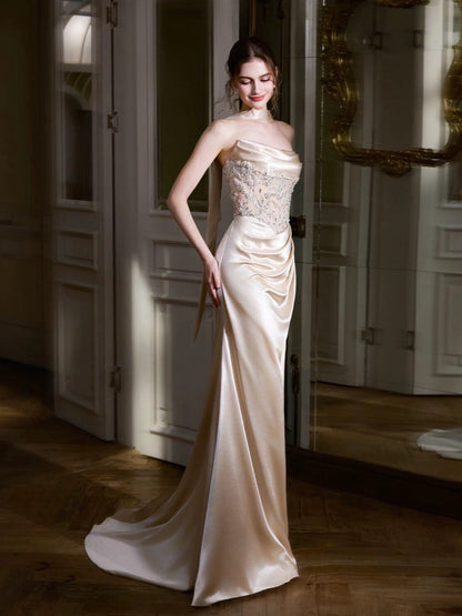 Classy Mermaid Strapless Champagne With Beading Date Night Outfits Semi Formal Prom Gown Evening Dresses RB5570