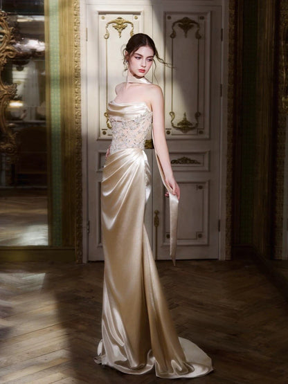 Beautiful Mermaid Strapless Champagne Satin Date Night Outfits Semi Formal Prom Gown Evening Dresses RB5334