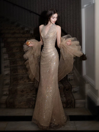Sparkly Mermaid Halter V Neck Sequined Champagne With Cape Long Date Night Evening Outfit Formal Prom Dresses RB5335