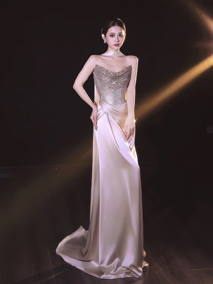 Classy Mermaid Strapless Champagne With Sequin Date Night Outfits Semi Formal Prom Gown Evening Dresses RB5573