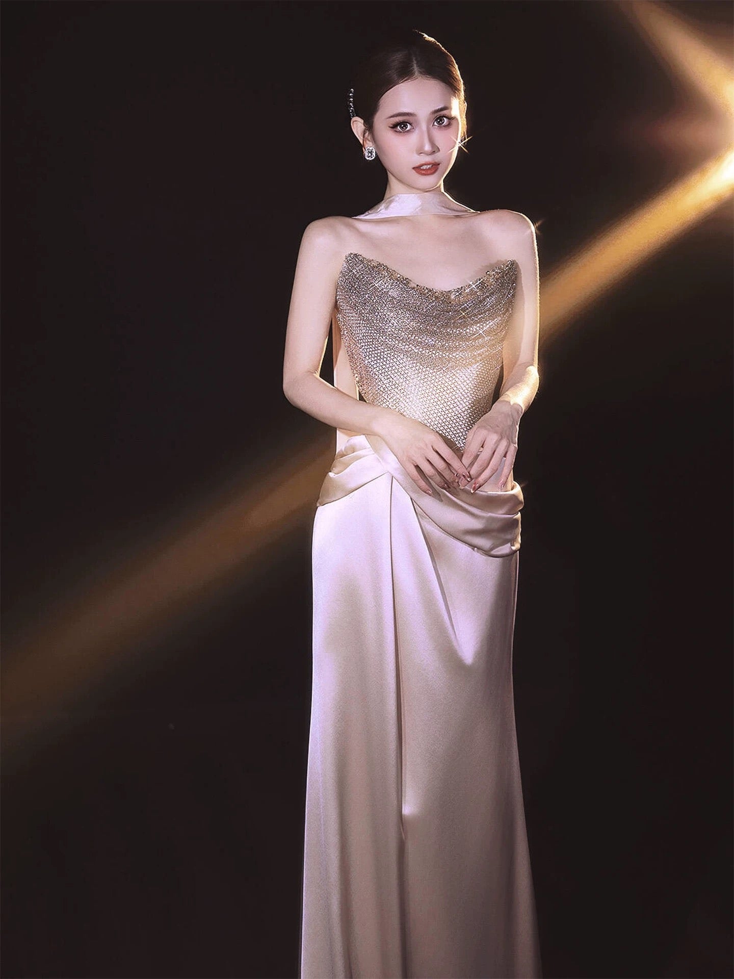 Sparkly Mermaid Sweetheart Sequined Champagne With Scarf Long Date Night Evening Outfit Formal Prom Dresses RB5336