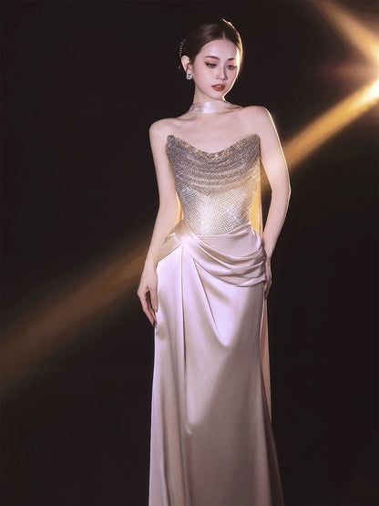 Classy Mermaid Strapless Champagne With Sequin Date Night Outfits Semi Formal Prom Gown Evening Dresses RB5573