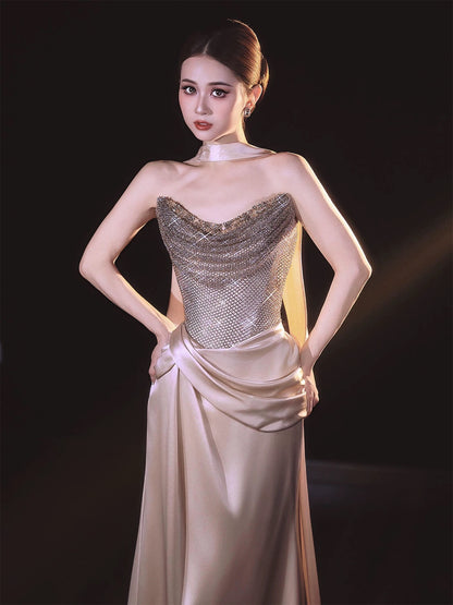 Sparkly Mermaid Sweetheart Sequined Champagne With Scarf Long Date Night Evening Outfit Formal Prom Dresses RB5336