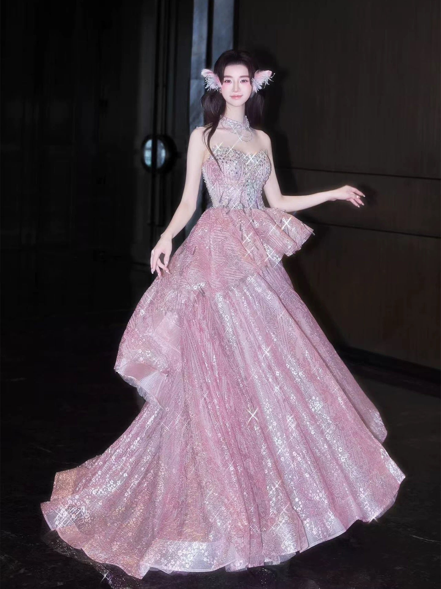 Princess Ball Gown Sweetheart Pink With Beads Date Night Evening Outfit Formal Prom Dresses RB5337