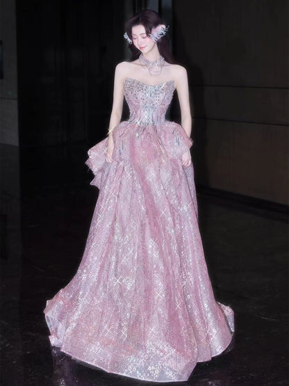 Princess Ball Gown Sweetheart Pink With Beads Date Night Evening Outfit Formal Prom Dresses RB5337