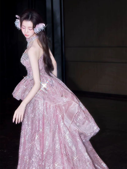 Princess Ball Gown Sweetheart Pink With Beads Date Night Evening Outfit Formal Prom Dresses RB5337