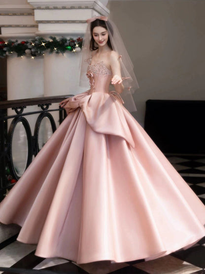 Princess Ball Gown Strapless Pink With Beads Bow Date Night Evening Outfit Formal Prom Dresses RB5339
