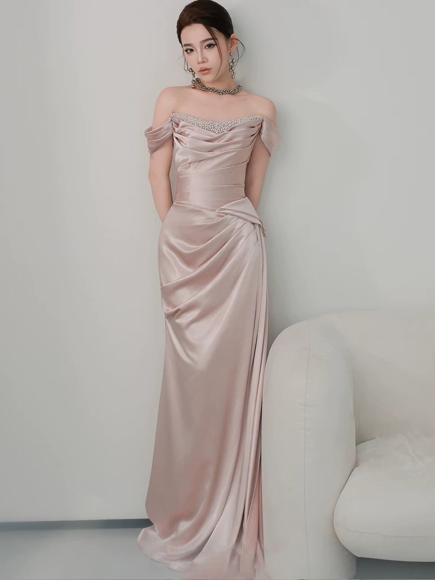 Sparkly Mermaid Off The Shoulder Pink With Beads Long Date Night Evening Outfit Formal Prom Dresses RB5340