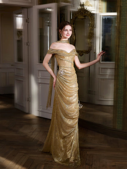 Sparkly Mermaid Off The Shoulder Gold Sequin With Sleeves Date Night Outfits Semi Formal Prom Gown Evening Dresses RB5362