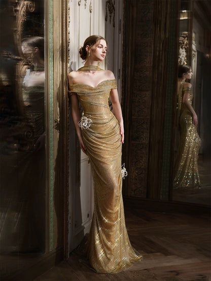 Sparkly Mermaid Off The Shoulder Gold Sequin With Sleeves Date Night Outfits Semi Formal Prom Gown Evening Dresses RB5362