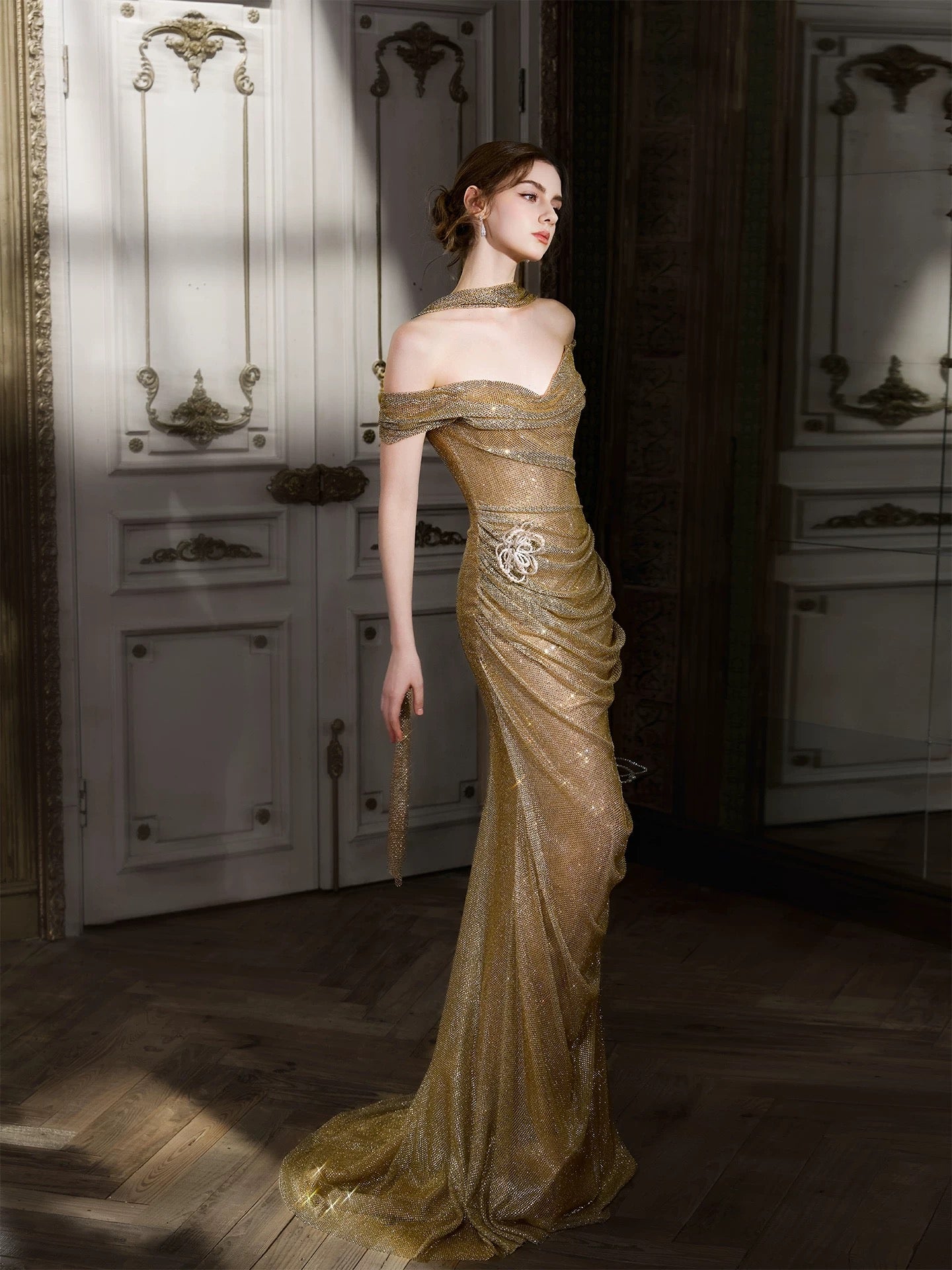 Sparkly Mermaid Off The Shoulder Gold Sequin With Sleeves Date Night Outfits Semi Formal Prom Gown Evening Dresses RB5362