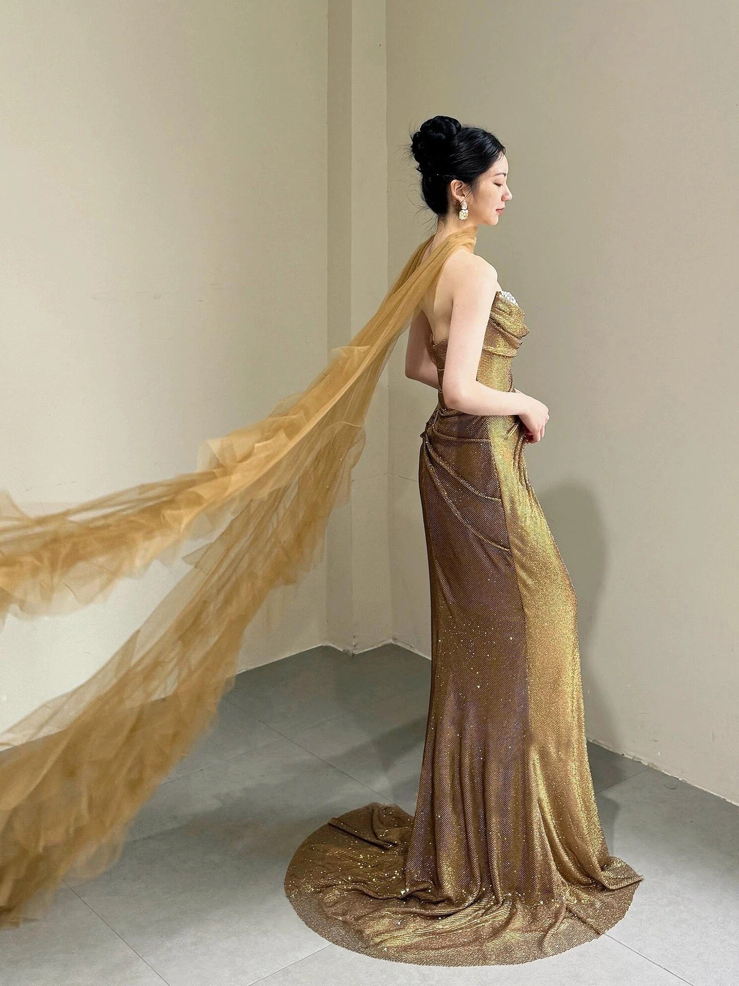 Sparkly Mermaid Strapless With Beading Scarf Long Prom Evening Dresses Inspo Evening Outfits RB5220