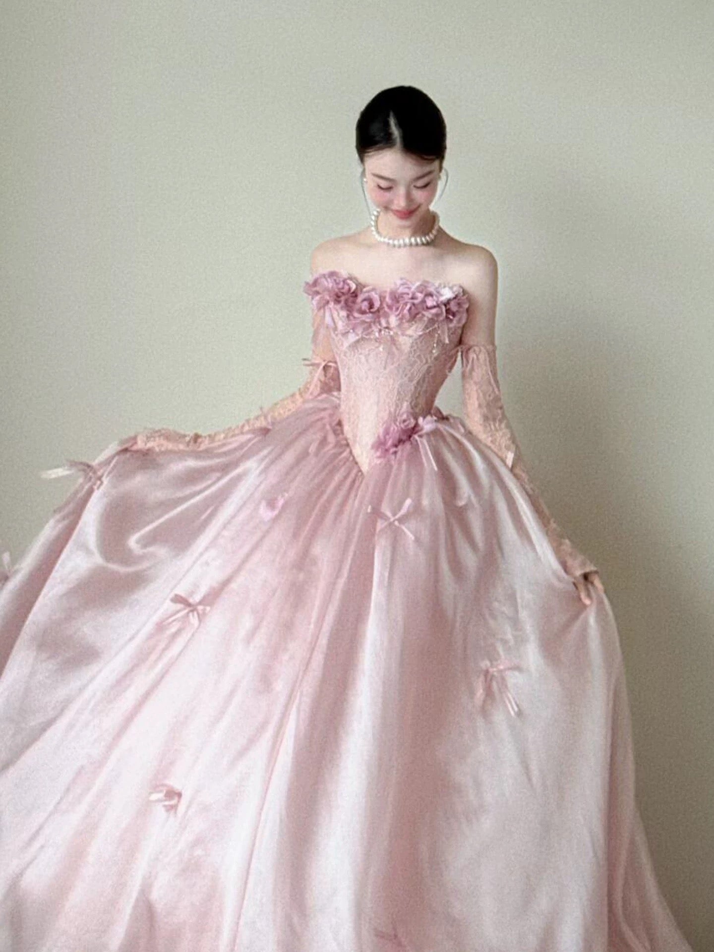 Princess Prom Dresses Ball Gowns Strapless Pink WIth 3D Flowers Evening Long Quince Dress N4243