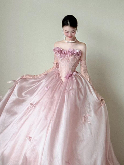 Princess Prom Dresses Ball Gowns Strapless Pink WIth 3D Flowers Evening Long Quince Dress N4243