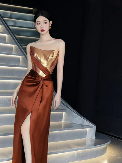 Robe de soirée longue en satin marron sans bretelles sexy sirène sans manches pour femme N4250