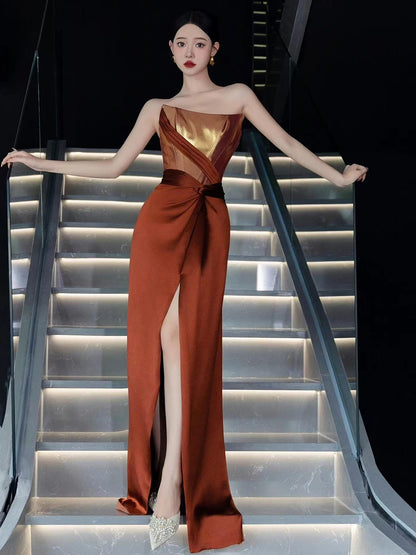 Robe de soirée longue en satin marron sans bretelles sexy sirène sans manches pour femme N4250