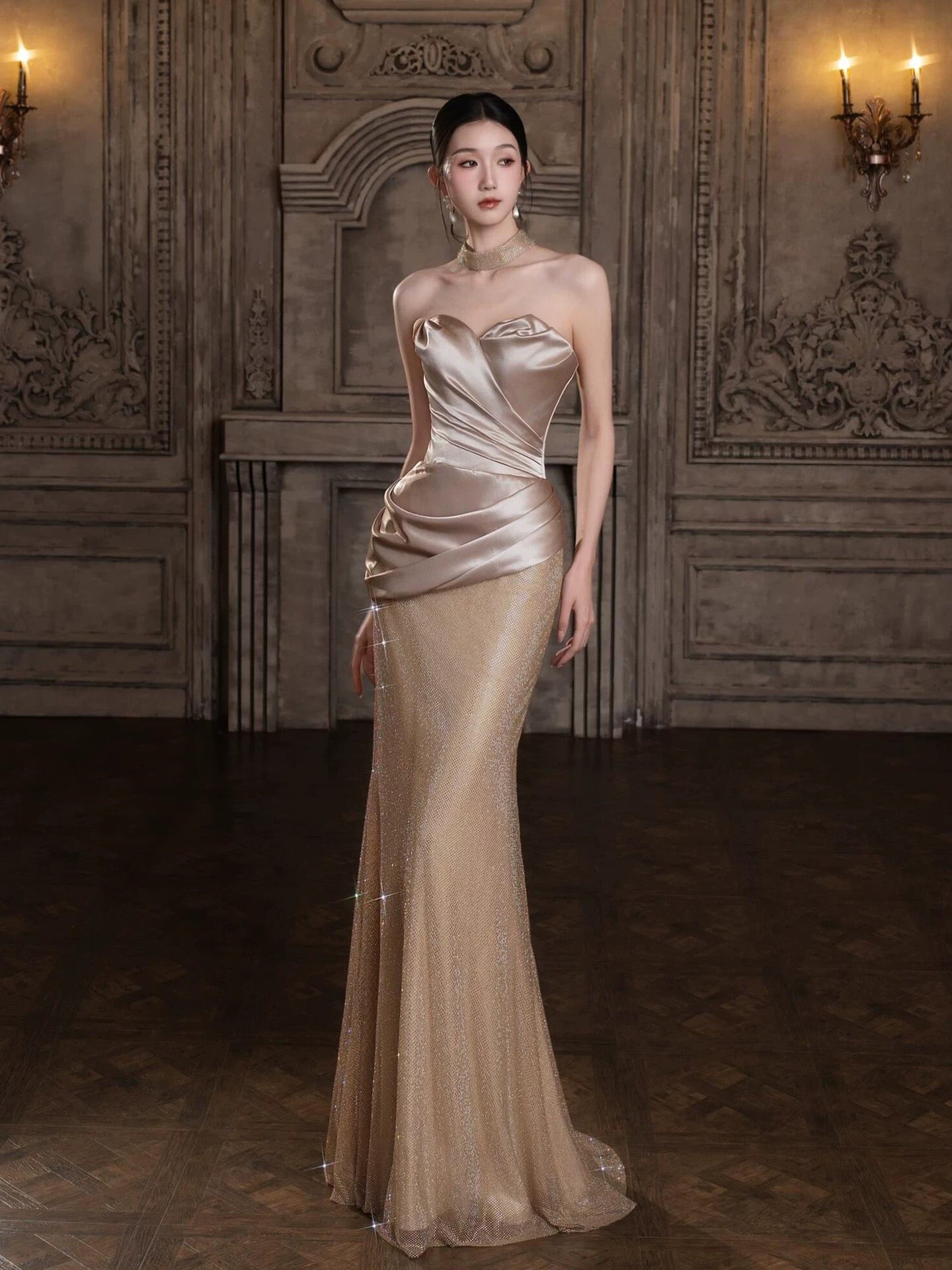 Sexy Meerjungfrau Sweetheart Gold Pailletten Ärmelloses Hochzeitsgastkleid Lange Ballkleider für Frauen N4253
