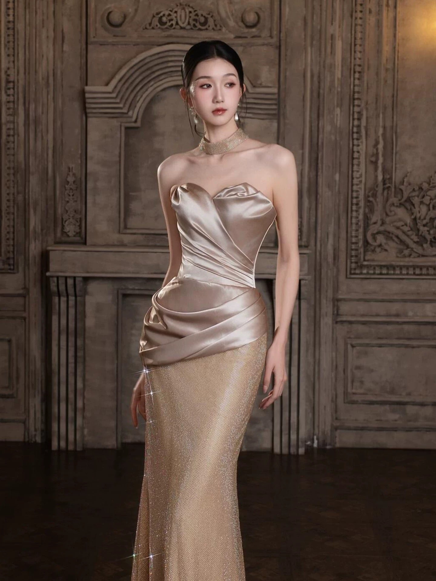 Sexy Meerjungfrau Sweetheart Gold Pailletten Ärmelloses Hochzeitsgastkleid Lange Ballkleider für Frauen N4253